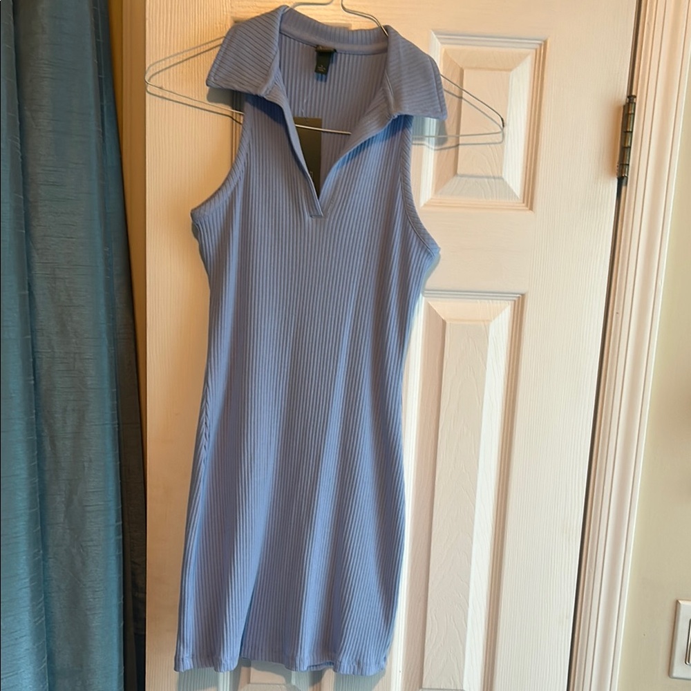 Sleeveless Ribbed Collared Dress in Light Blue